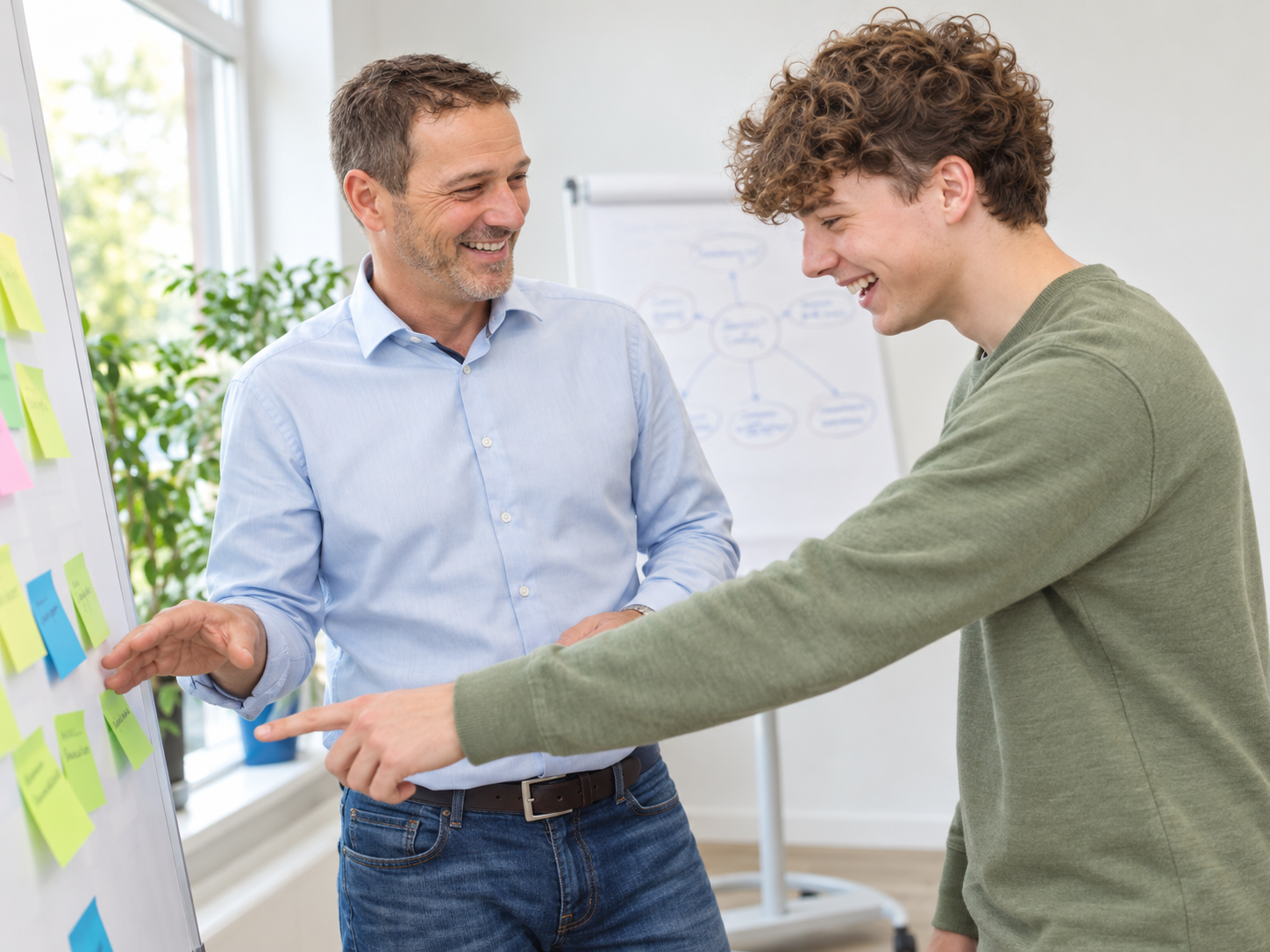 Robert im Austausch mit einem Lehrling am Whiteboard – KI-rekonstruierte Szene